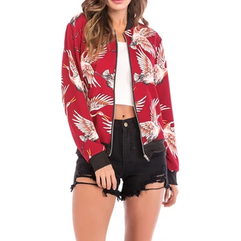 

Autumn Winter Women Jackets Coats Floral Crane Print Jacket Female Zipper Cardigans Ladies Clothes Casual Coat Outwear Fashion