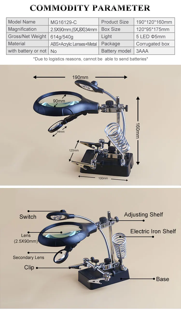 BIJI 2.5X 5X 8X увеличительное стекло 5 светодиодный светильник железный Стенд зажим третьей стороны настольная лупа для пайки ремонта