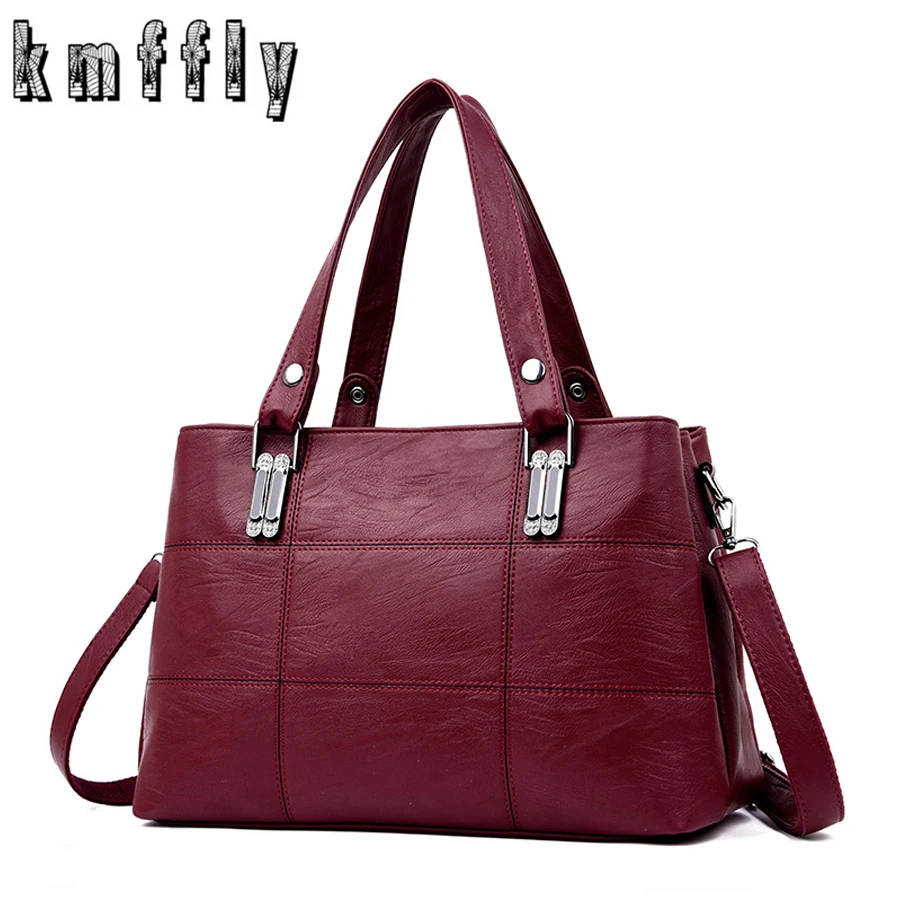 Bolsas de Couro para Mulheres Bolsas de Ombro Kmffly Marca Feminino Mensageiro Bolsa Grande Capacidade Senhoras Casual Tote Preto – Vermelho