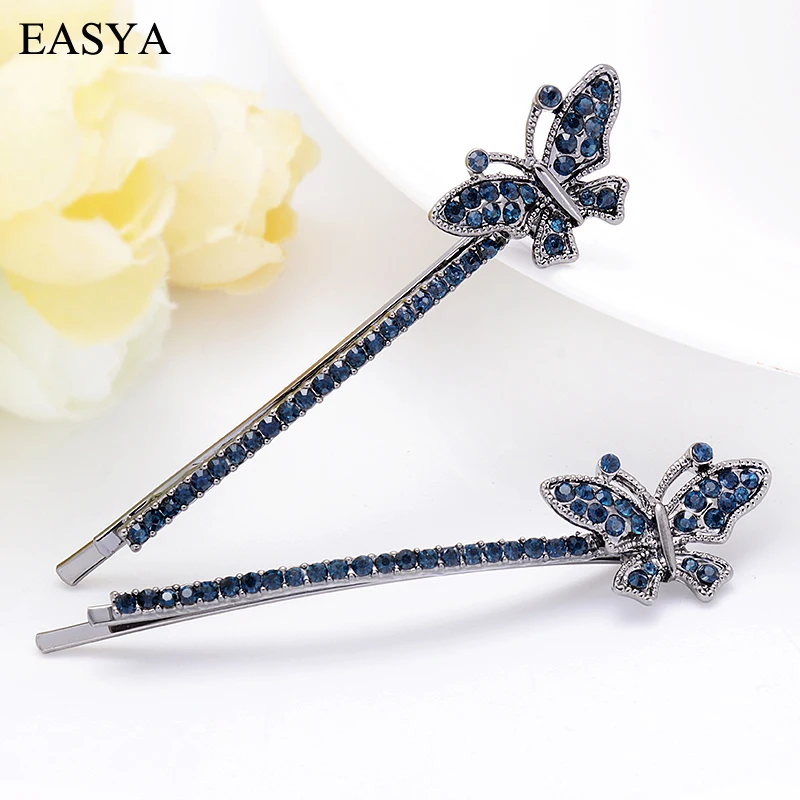 

EASYA Blue Rhinestone Crystal Butterfly Cherry Flower Bowknot Hairpin Hair Clip Fashion Metal Heart Hair Barrettes Hearwear