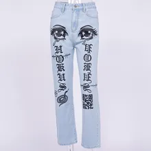 Модные джинсы с большими глазами и буквенным принтом женские прямые джинсовые брюки Femme Taille Haute свободная уличная Прямая поставка
