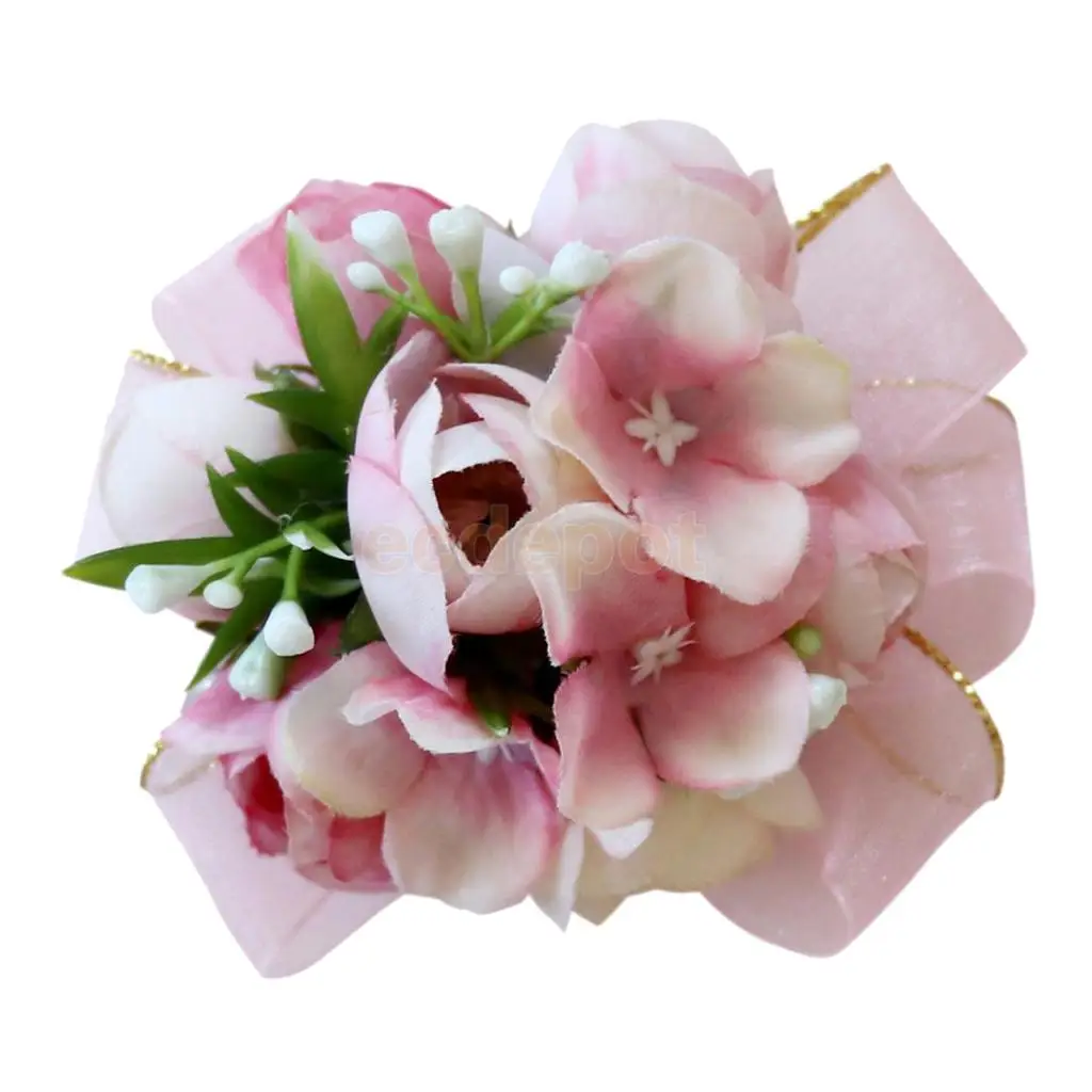 5pcs Silk Hand Flowers Wedding Bride Bridesmaid Wrist Corsage Peach Pink