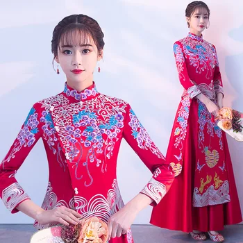 

Embroidery Floral Wedding Cheongsam Red Chinese Bride Dress Female Oriental Style Marriage Qipao Stage Performance Clothes