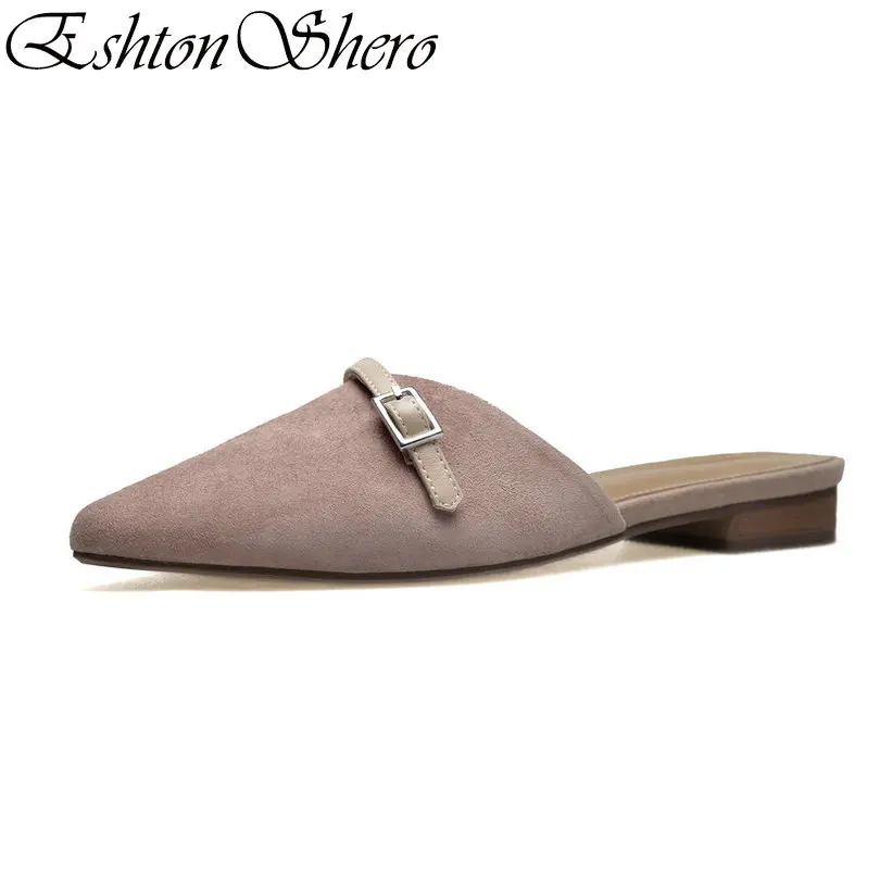 

EshtonShero Summer Shoes Woman Slippers PU Women Flat Heel Slip On Pointed Toe Buckle Beach Ladies Wedding Shoes Size 34-39