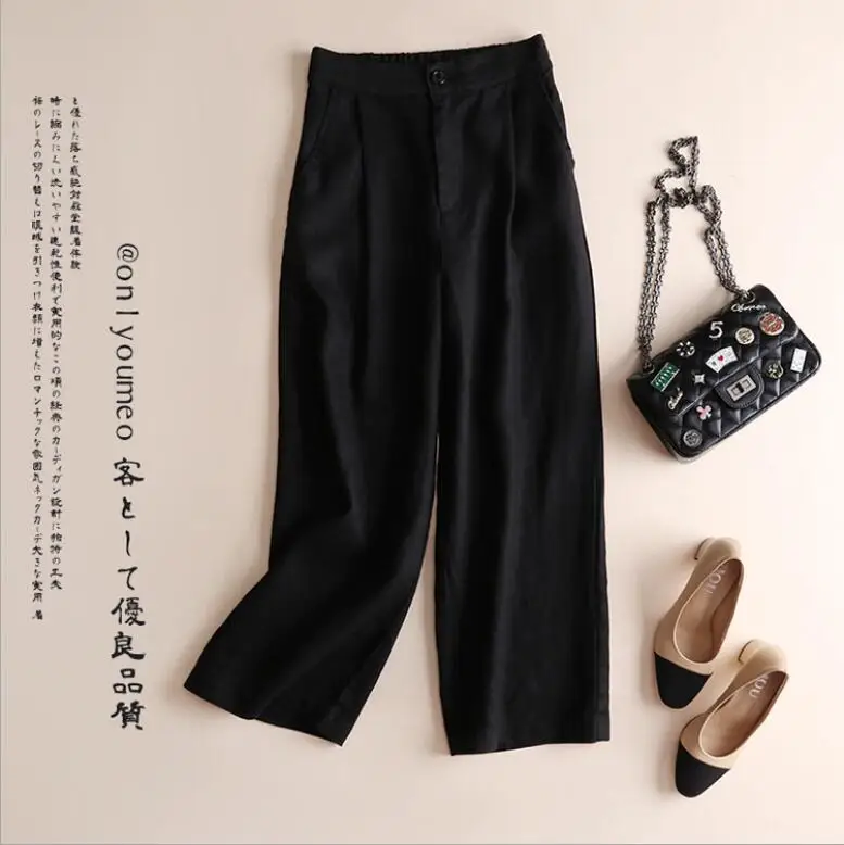 

New cotton linen soft wide leg pants for women casual elastic ankle-length loose solid trousers plus size
