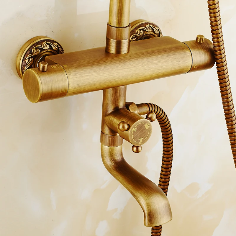 Online Dusche Armaturen Wand Montiert Thermostat Wasserhahn Luxus Dusche Sets Antike Regen Badezimmer Wasserhahn Thermostat Control XE 8899