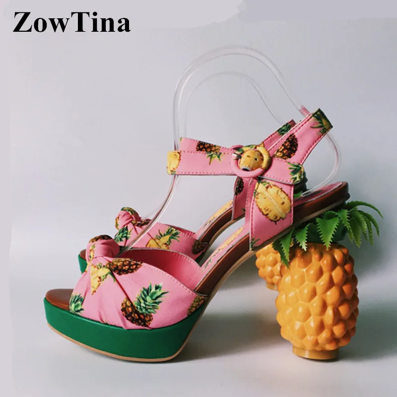 Women Pink Cloth Platform Sandals PineApple Chunky High Heels Summer