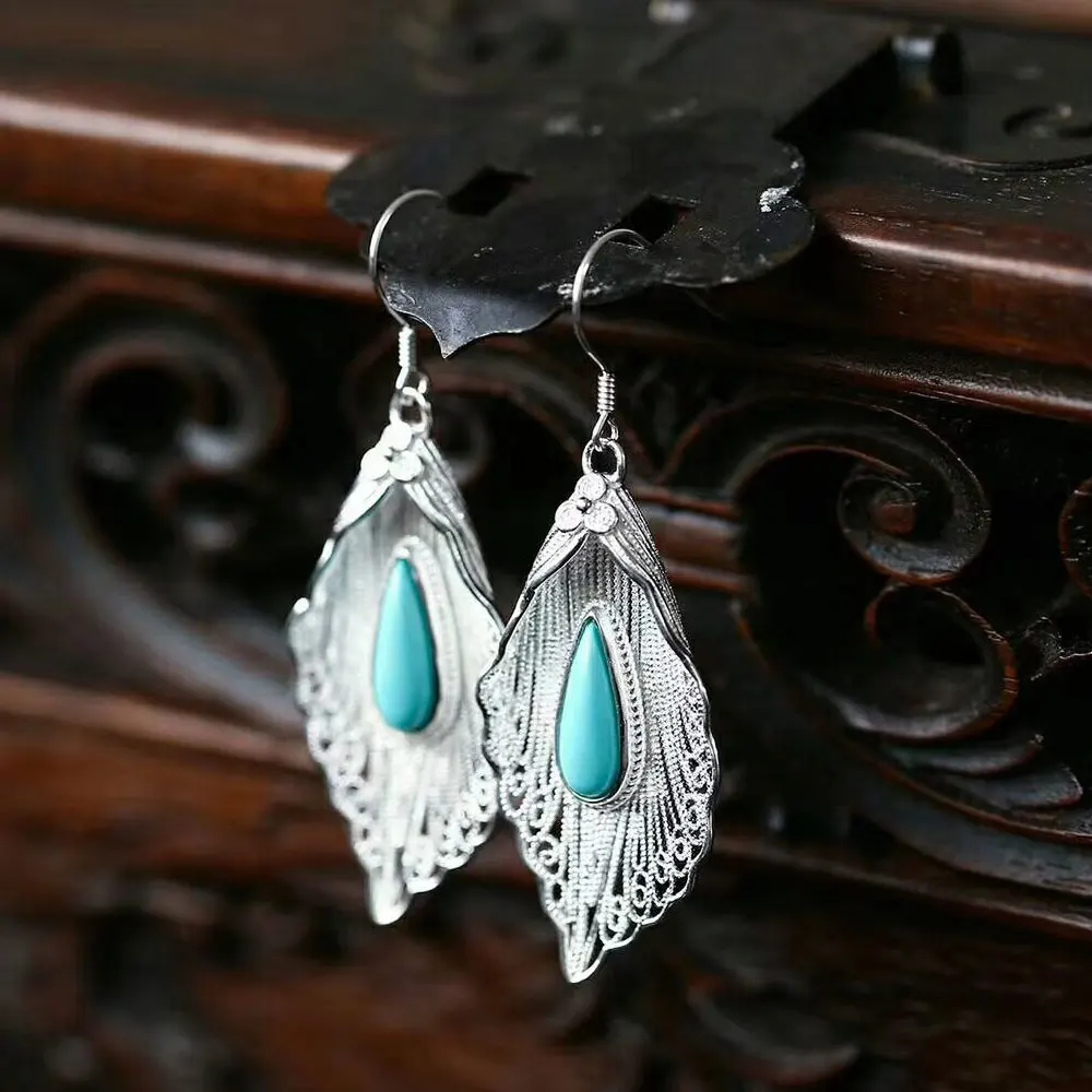 

RADHORSE Earring Genuine 925 Sterling Silver Turquoise Filigree leaf Earring for Women Lovely & Classic Style Fine Jewelry