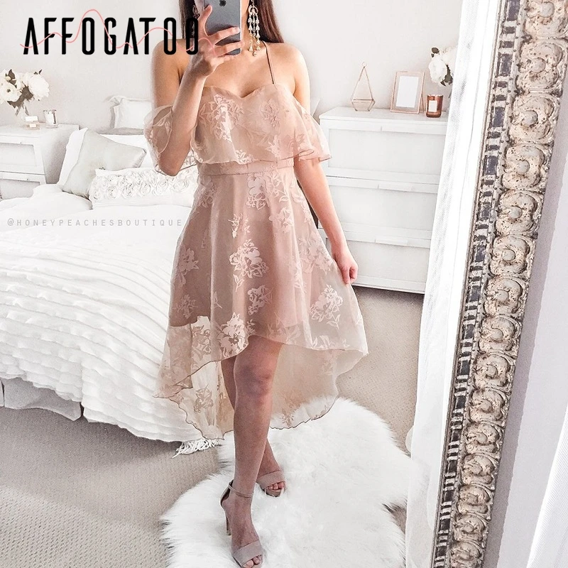 

Affogatoo Off shoulder mesh sexy dress Woman elegant ruffle summer dress vestides Irregular evening party club short dress 2018