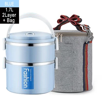 Blue 2 with Bag Модный однотонный Ланч-бокс из нержавеющей стали с теплоизоляцией, детский школьный Ланч-бокс, кухонный составной контейнер для пищевых продуктов - Цвет: Blue 2 with Bag