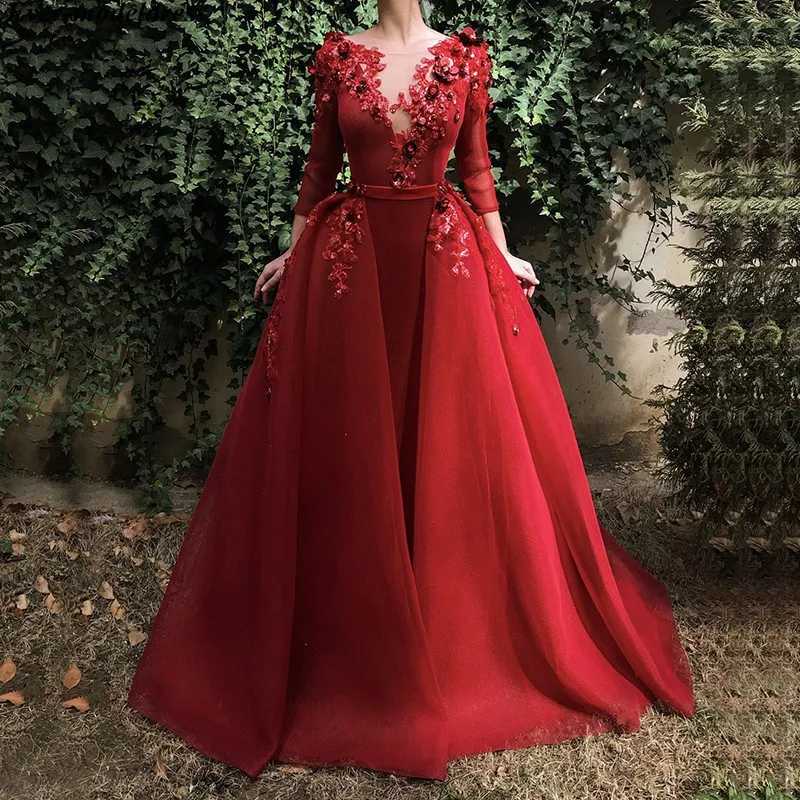 

Vestidos De Festa Long Evening Dresses 2019 with Detachable Train Handmade Flowers 3/4 Long Sleeves Button Back Red Prom Dress