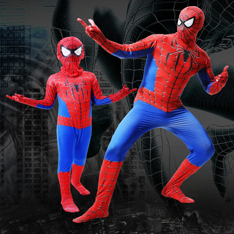 

Free shipping Halloween costume children and adult Cosplay clothes Spiderman jumpsuit tights set up movies cosplay costume suits