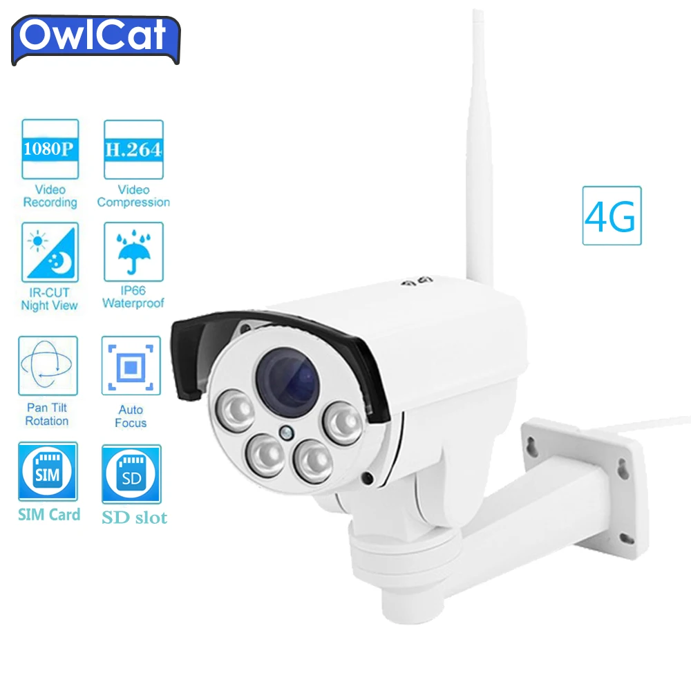 

OwlCat HD 1080P 960P Outdoor Bullet 4G SIM Card PTZ IP Camera WIFI 2MP 5X Zoom Auto Focus AP SD Audio MIC Security CCTV Camera