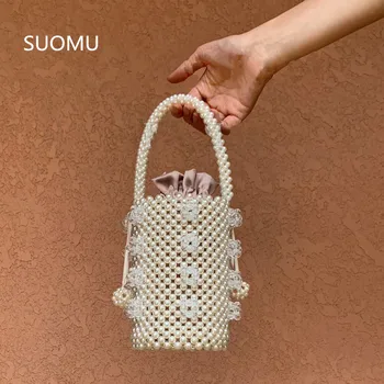 

Acrylic pearls bag beaded bucket totes bag women party vintage plastic handbag summer new luxury brand 2019 chic purse