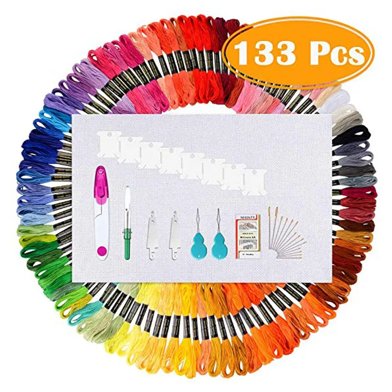 

100 Skeins Embroidery Thread Floss Cross Stitch String Embroidery Aida Cloth with Embroidery Needles and Floss Bobbin for Friend
