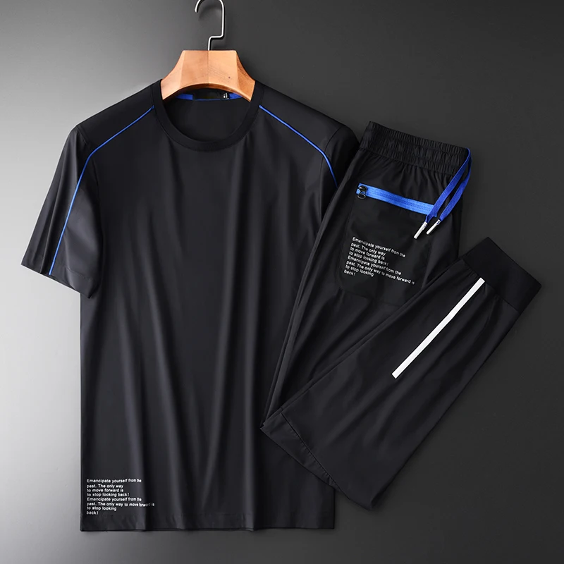 Minglu Summer Mens Sets (T-shirt+Pants) Luxury Round Collar Printed Short Sleeves Sport Men Plus Size 4xl Slim Fit Man | Мужская одежда
