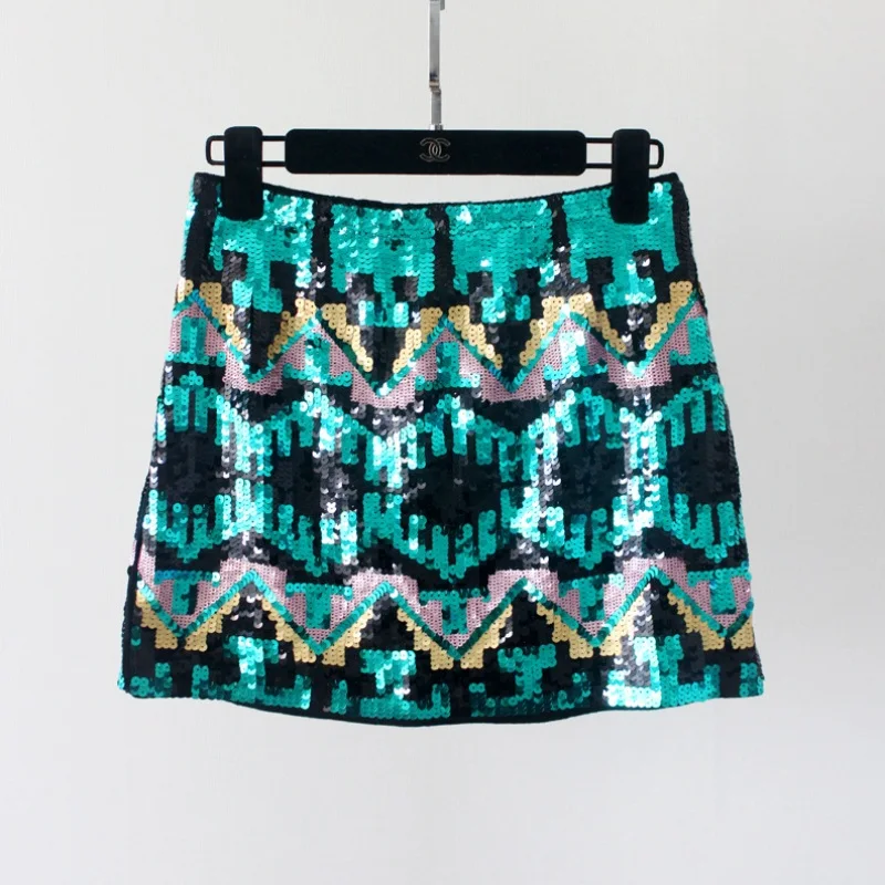 

Fashion Ladies Luxury Colorful Geometric Sequins Package Hip Skirt A Line Short Skirt for Women
