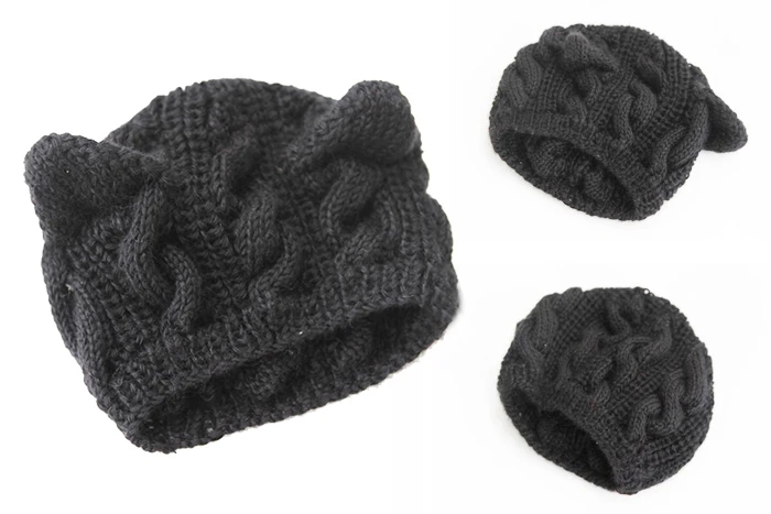 Модная дамская зимняя теплая вязальная шерсть шапка с кошачьими ушками Лыжная Шапка QL распродажа