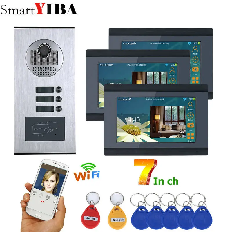 

SmartYIBA7"One to Three Video Doorphone Max 16GB Doorbell Intercom Entry System For 3 Rooms Apartment Families Doorphone Kits