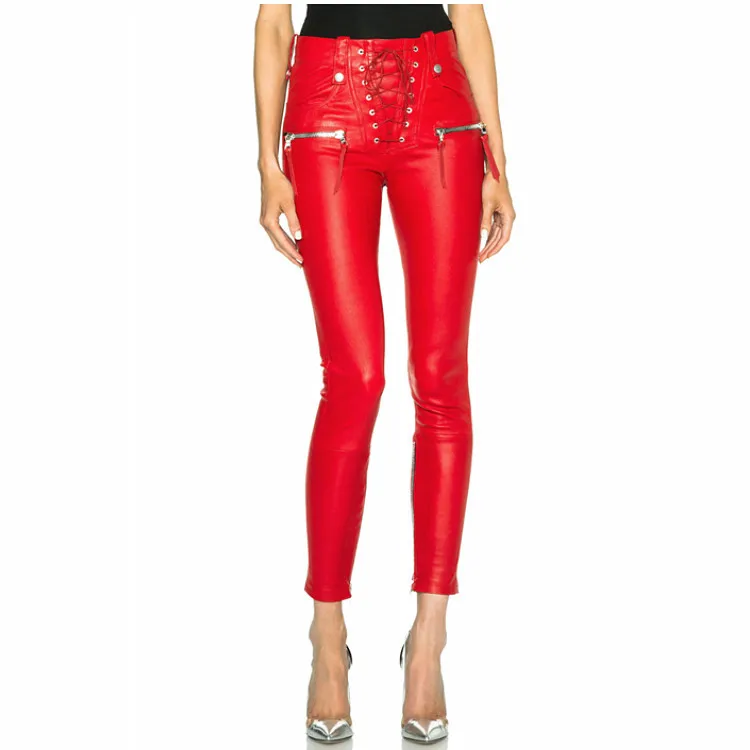 Maigre noir Laçage Longueur Cuir Punk Lavage Mince À Printemps Pantalon Automne Cheville L'eau Rouge Mode En Crayon Pu Et Couleur ZnwgHqB