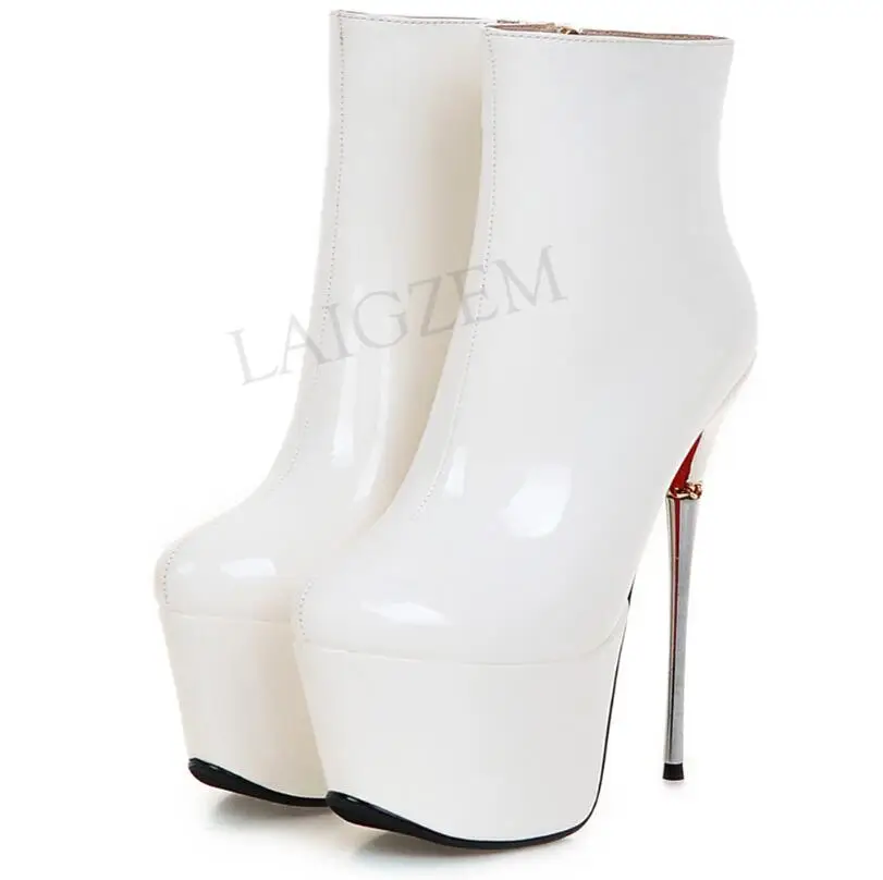 LAIGZEM модные Для женщин Ботильоны Водонепроницаемый на металлическом каблуке-шпильке на молнии ботинки, украшенные блестками зимняя обувь; Botines Mujer; большой Размеры; большие размеры 33-43 - Цвет: LGZ716 White