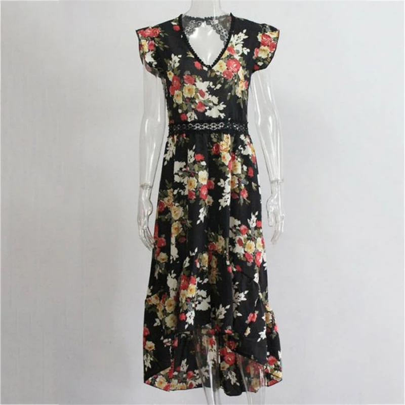 

Summer Women Floral Dress V Neck Sleeveless Backless Printed Sundress Irregular Hollow Beach Dresses IK88