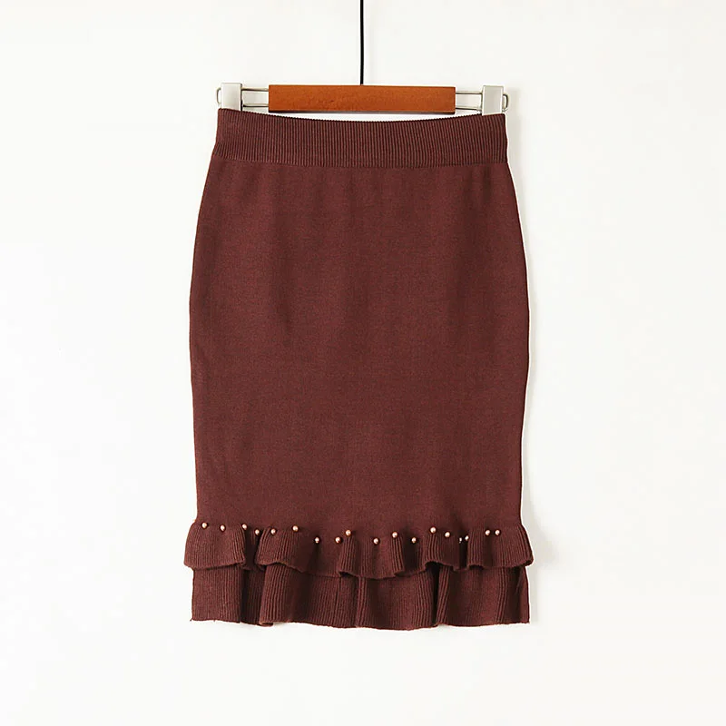 ShejoinSheenjoy Split Ruffles Hem Knitted Midi Women Skirt Beading High-Waist Autumn Winter Skirts Womens Bodycon Students Skirt (7)