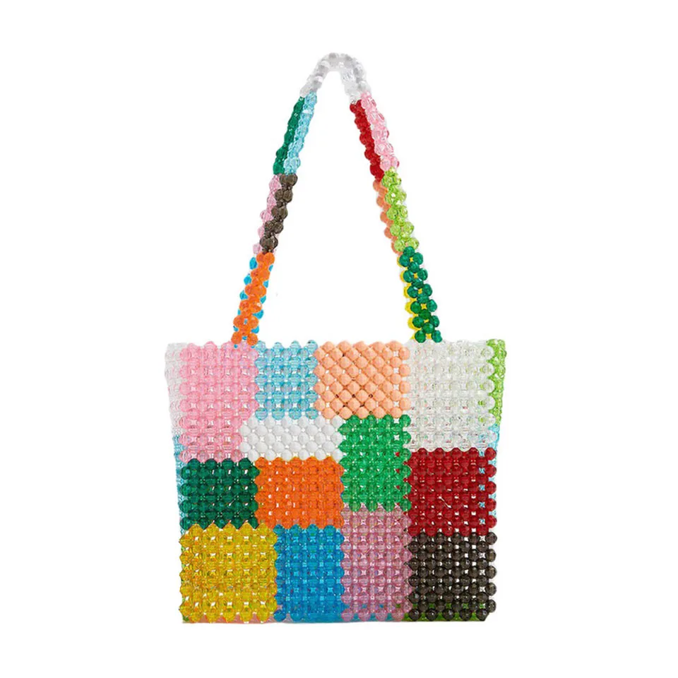 

Acrylic Crystal Block Splicing Top-handle Bags Vintage Women Patchwork Knitting Sapphire Fashion Holiday Handbags