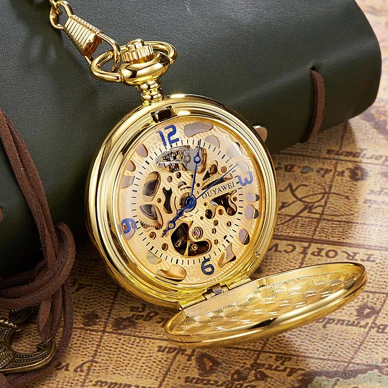 OUYAWEI Gold Pocket Watch Mechanical Automatic Vintage Pendant Watch Necklace Chain Antique Fob Watches Relogio bolso 2