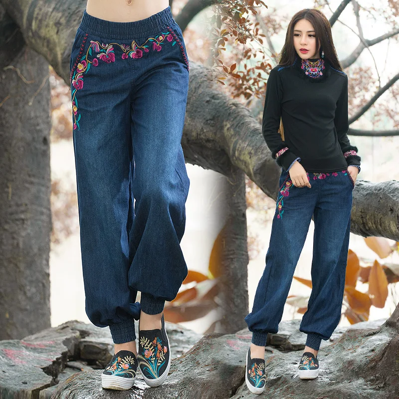 Этнические джинсы, женские осенние весенние богемные хиппи, оригинальные длинные джинсовые широкие брюки с вышивкой, китайская одежда