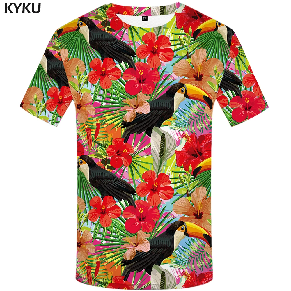 

KYKU Brand Parrot Shirt Flower T-shirt Red Tshirt Streetwear Hip Hop T shirt Men Short Sleeve Mens Clothing Casual Wear 2018 New