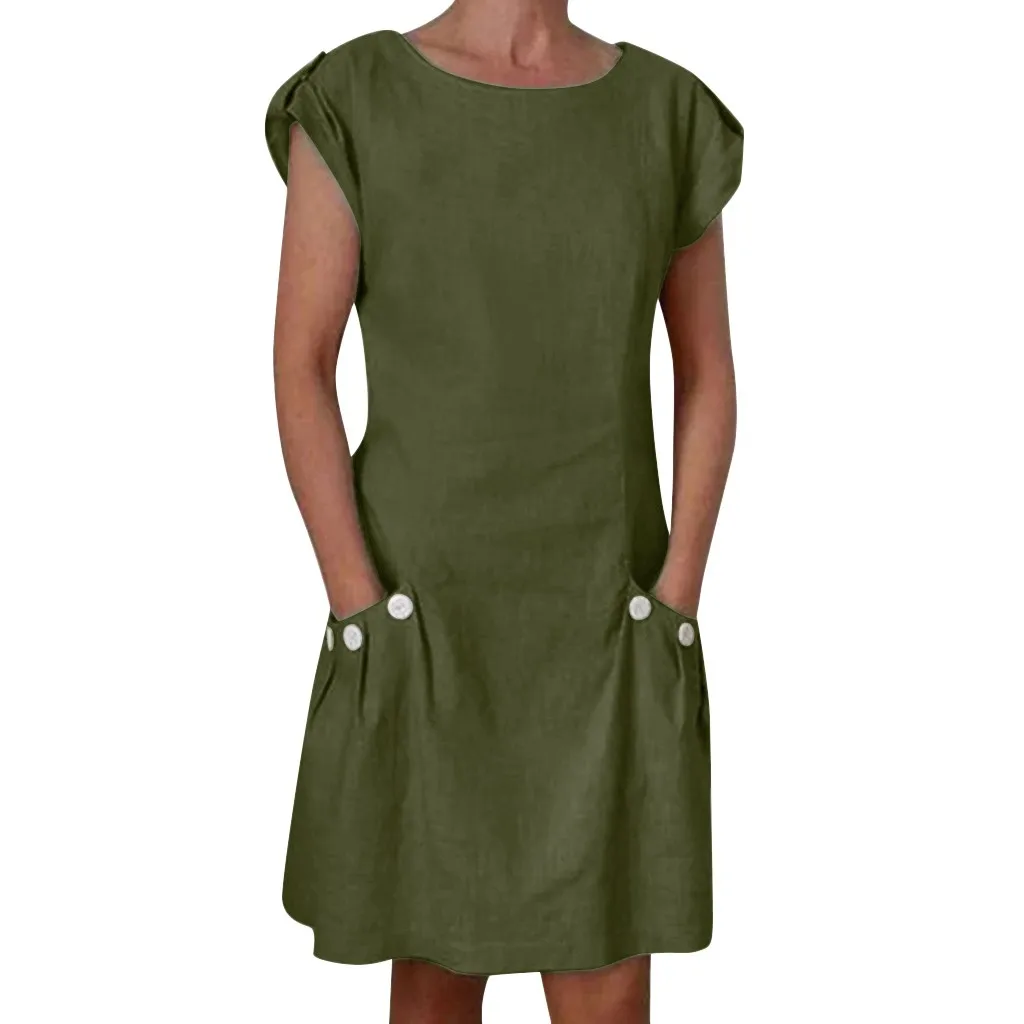 Женское повседневное льняное мини-платье с круглым вырезом, коротким рукавом, карманом и застежкой-молнией на спине, женское летнее платье