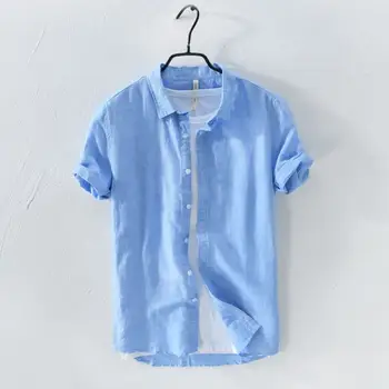 

Hot sale 2019 New Summer Mens short sleeve linen shirts casual mens cotton lapel shirts solid color fashion mens slim tops
