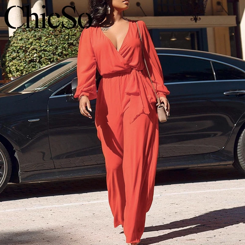 

MissyChilli Deep v neck long pants jumpsuit & romper Women lace up high waist playsuit Spring summer sexy elegant office overall