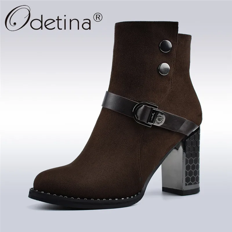 

Odetina Suede Leather Elegant Lady Ankle Boots Square High Heels Side Zip Fashion Buckle Women Boots Autumn Winter Plush Shoes