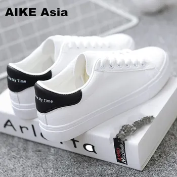 

HOT Women Sneakers 2020 Fashion Breathble Vulcanized Shoes Women Pu leather Platform Shoes Women Lace up Casual Shoes White