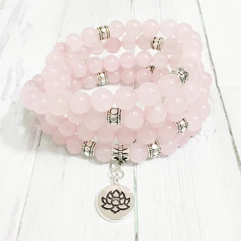 

SN1384 Natural Rose Crystal 108 Mala Bracelet High Quality Women`s Lotus Yoga Jewelry Opening the Heart Chakra Bracelet