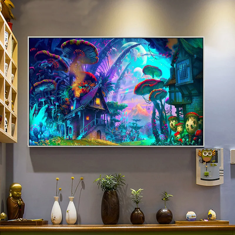 

Mushrooms House Psychedelic Trippy Art Silk Fabric Poster Print Abstract Wall Pictures For Living Room Home Decor No Frame