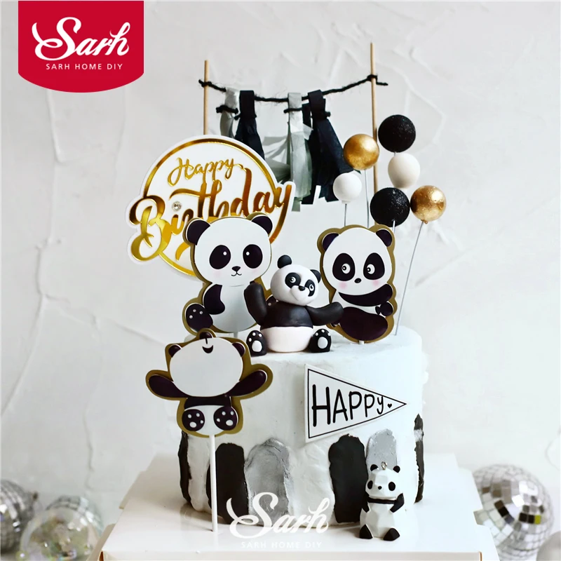 Panda bamboo Cake Topper Happy Birthday Turtle leaf Clay Decoration for Children's Boy Girl Party Supplies Baking Lovely Gifts