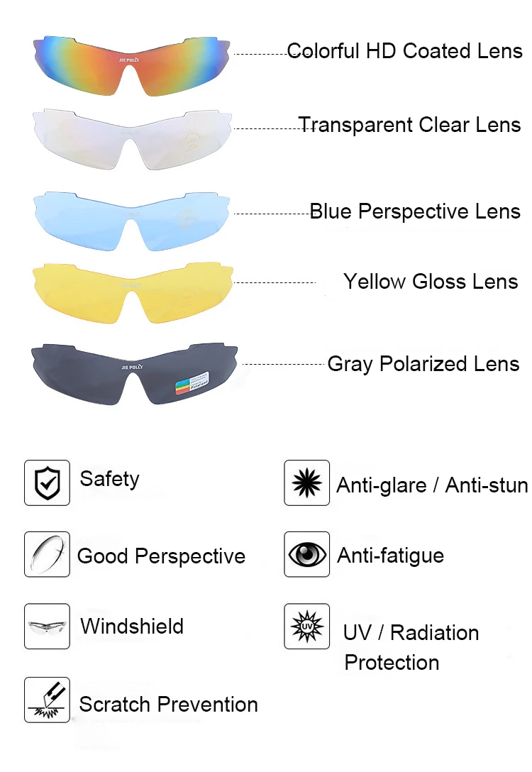 5 линз Jiepolly UV400 Поляризованные спортивные велосипедные солнцезащитные очки для велосипедных очков для рыбалки, пеших прогулок