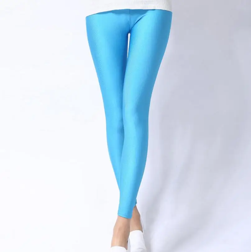 YGYEEG Женские однотонные флуоресцентные блестящие леггинсы большого размера, блестящие эластичные повседневные брюки из спандекса для девочек - Цвет: K036 Sky blue
