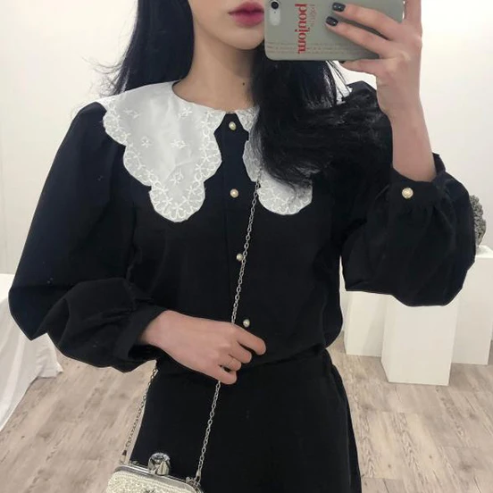 

Super Cute Lace Baby Doll Collar Women Shirt Big Puff Sleeve Blouse Kawaii Vintage Chemise Femme Chemisier Blusa Mujer Camisa