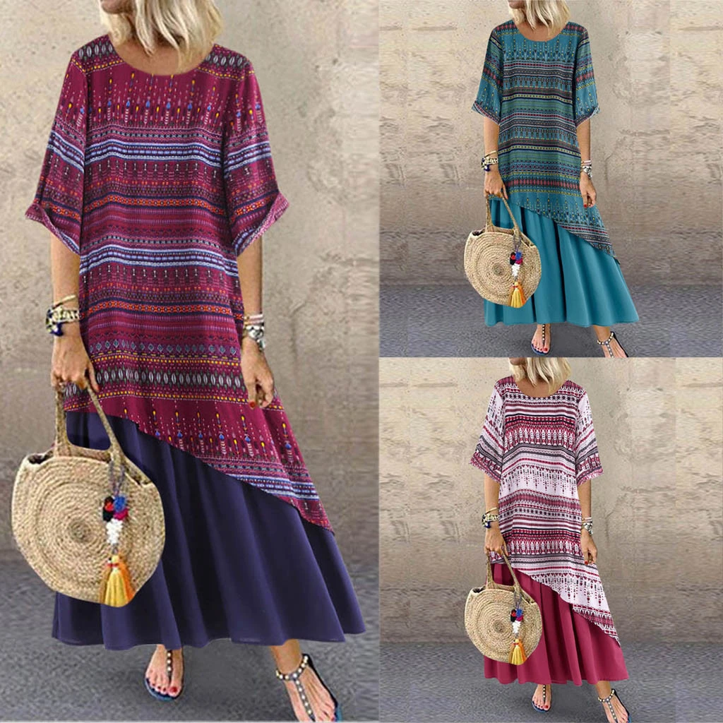 Linen Kaftan Dresses for Women Plus Size Floral Print Crew Neck Sleeveless Patchwork Maxi Dress Casual Summer Vintage Cotton Linen Dress