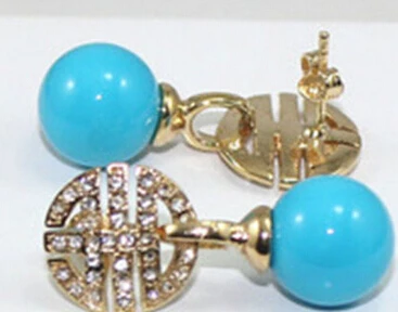 

wb003 RARE HUGE 12MM BLUE ROUND SHELL PEAEL CRYSTAL 14K GP DANGLE EARRINGS