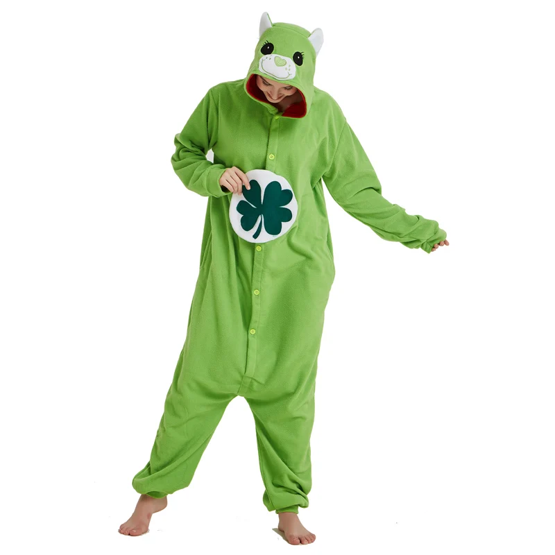 Green Four-leaf Clover Lucky Care Bear Cosplay Pajamas Adult Women Men Unisex Onesie One Piece Hooded Romper Party Costumes (4)