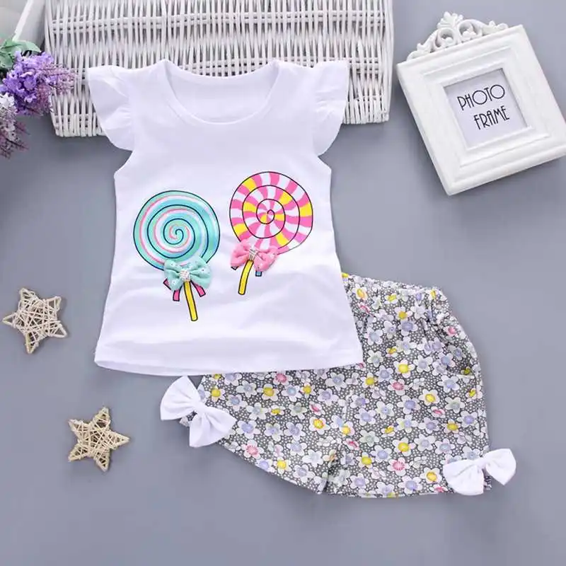 Комплект для маленьких девочек, футболка без рукавов с рисунком леденца Топы+ короткие штаны с принтом, комплект одежды, одежда для малышей Летняя одежда для девочек, Roupa Infantil Menina