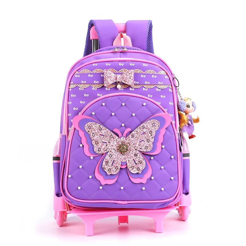Детская школьная сумка на колесах, Блестящая бабочка, Детские колёсные ранцы, съемный дизайн, многофункциональная школьная сумка для девочек с 3 колесами