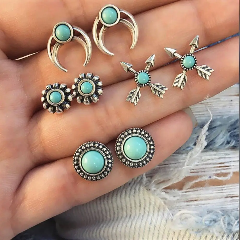 Buy Wholesale 4 Pairs Women Bohemian Stud Earrings Mixed Round Blue Moon Sun