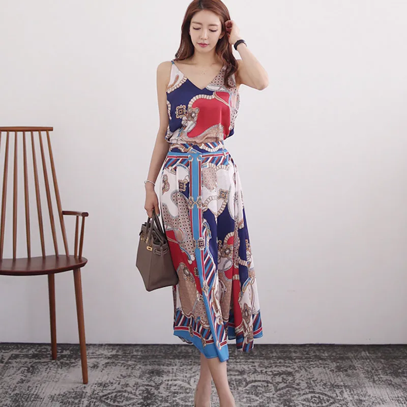 

Plus Size Print Elegant 2 Piece Set Summer 2019 Sleeveless Spaghetti Strap Blouse and Big Swing Midi Skirt Korean Two Piece Set
