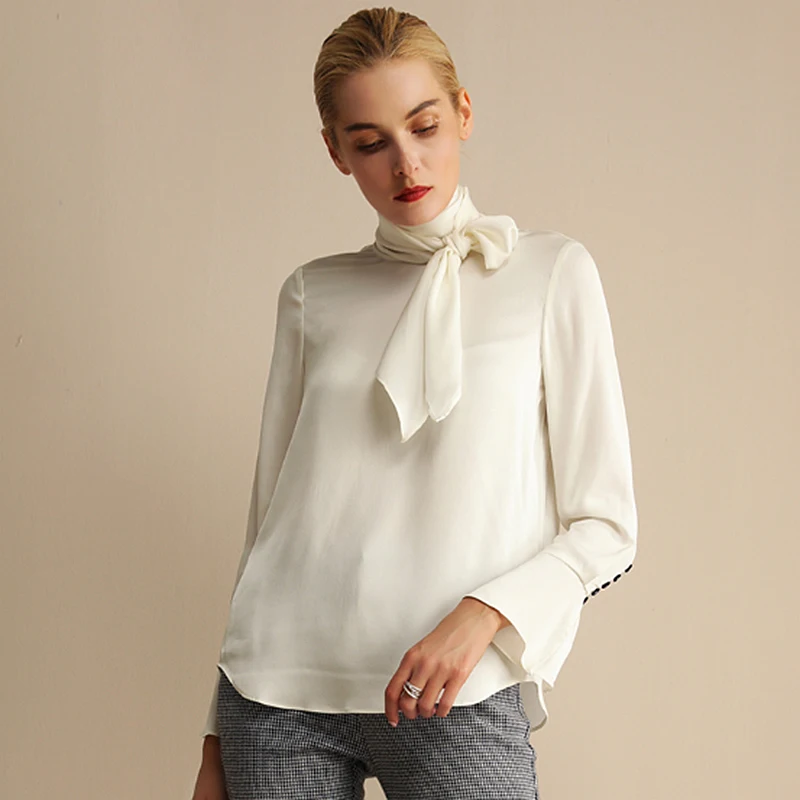 100 Silk Blouse Women Shirt Solid Plus Sizes Bow Neck Long Flare